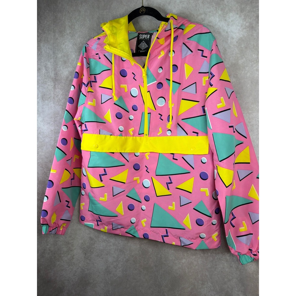 Super Massive Windbreaker Womens Medium Pink 80s Geometric Retro Half Zip Hooded - Picture 2 of 5
